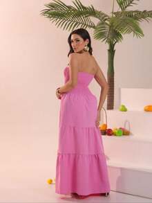 Look Of Millions!!! Long Strapless Dress With Floral Print - 淺粉色 - 查看 5