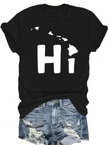 Camiseta con patrones interesantes para mujer y unisex, de verano, casual, transpirable, con cuello redondo, manga corta, estilo urbano y versátil, adecuada para adolescentes y adultos - Negro - Ver 1
