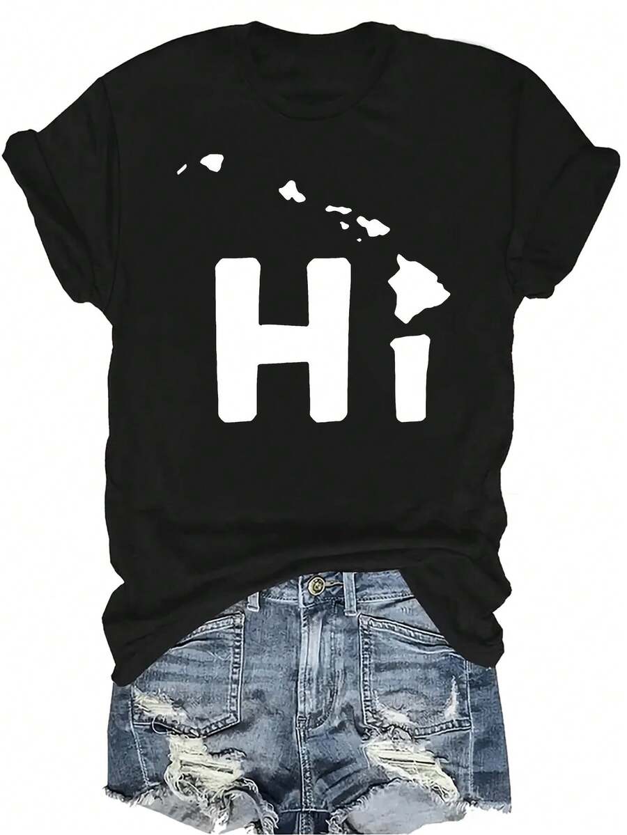 Camiseta con patrones interesantes para mujer y unisex, de verano, casual, transpirable, con cuello redondo, manga corta, estilo urbano y versátil, adecuada para adolescentes y adultos - Negro - Ver 1
