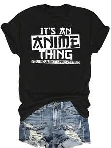 Camiseta para mujer y unisex de estilo anime que dice "This Is Anime Thing You Can't Understand", de verano, casual, transpirable, con cuello redondo, manga corta, estilo callejero y versátil, adecuada para adolescentes y adultos - Negro - Ver 1