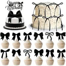 Black Bow Birthday Cake Decorations, 1 Pack Coquette Bow Cake Topper With Happy Birthday Sign, 12Pcs Bowknot Cupcake Toppers6Pcs Twist Tie Bows Bows Bridal Shower Wedding Party, Black 2