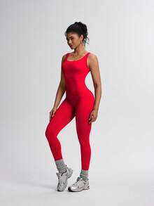 TCVC 女式露背无袖性感露背连体裤，无缝针织紧身衣，适合室内/室外运动和瑜伽，亲肤面料，紧身塑身连体裤 - 紅色 - 查看 3