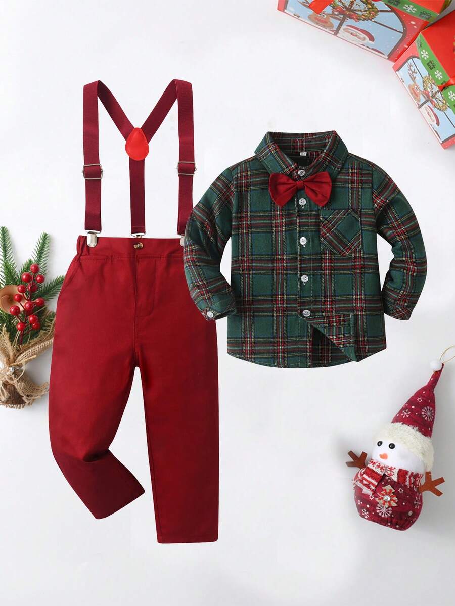 BOARNSEORL 2 件套男婴绅士装，绿色格子长袖衬衫配领结和工装裤，时尚适合生日派对、婚礼、圣诞节 - 紅色 - 查看 1