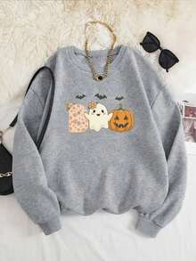 Halloween Costume Fun Cartoon Pumpkin Pattern Top,Fall Clothes For Women Casual Sports Crew Neck Long Sleeve Sweatshirt,Thanksgiving Prints,For Outdoor Sudaderas De Mujer