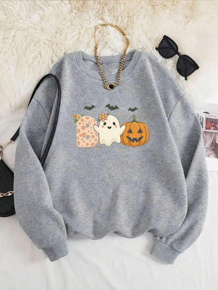 Halloween Costume Fun Cartoon Pumpkin Pattern Top,Fall Clothes For Women Casual Sports Crew Neck Long Sleeve Sweatshirt,Thanksgiving Prints,For Outdoor Sudaderas De Mujer