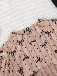 Young Girls Solid Ribbed Bow & Heart Print Fuzzy Long Sleeve Crop Top + Cami Dress 2-Piece Set