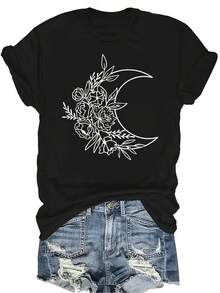 Camiseta con estampado de luna y flores para mujer y unisex, de verano, casual, transpirable y de personalidad, con cuello redondo y manga corta, para uso versátil, adecuada para adolescentes y adultos - Negro - Ver 1