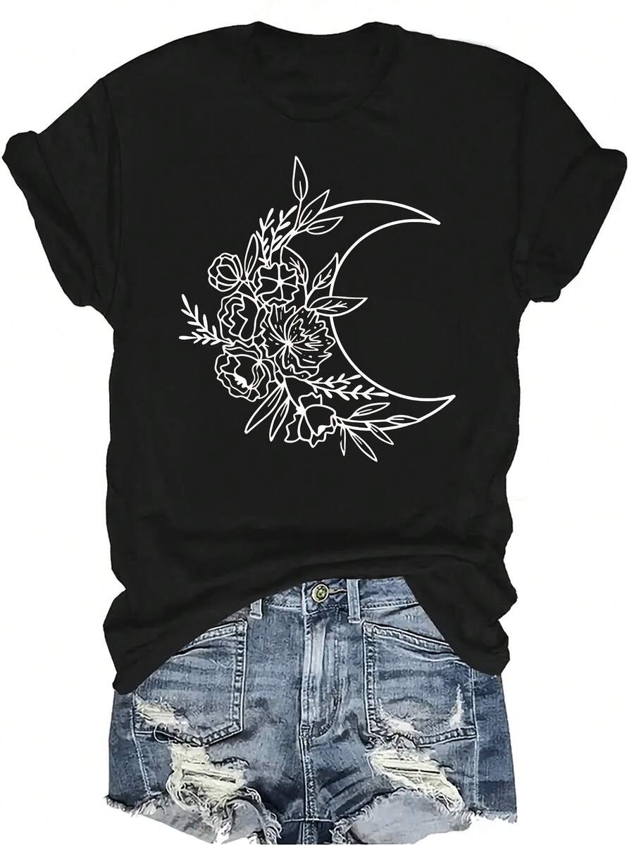 Camiseta con estampado de luna y flores para mujer y unisex, de verano, casual, transpirable y de personalidad, con cuello redondo y manga corta, para uso versátil, adecuada para adolescentes y adultos - Negro - Ver 1