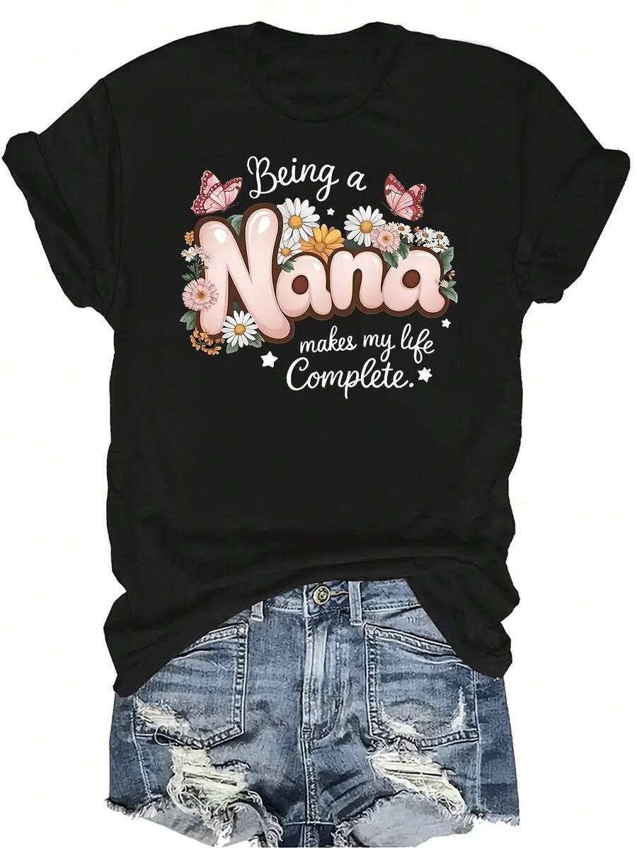 Camiseta de mujer con diseño de mariposa Nana, unisex, de verano, casual, transpirable, de cuello redondo, de manga corta, ropa de calle, versátil, adecuada para adolescentes y adultos - Negro - Ver 1