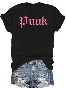 Camiseta de manga corta con cuello redondo, estampado gráfico punk gótico, de verano, transpirable y versátil, adecuada para adolescentes y adultos - Negro - Ver 1