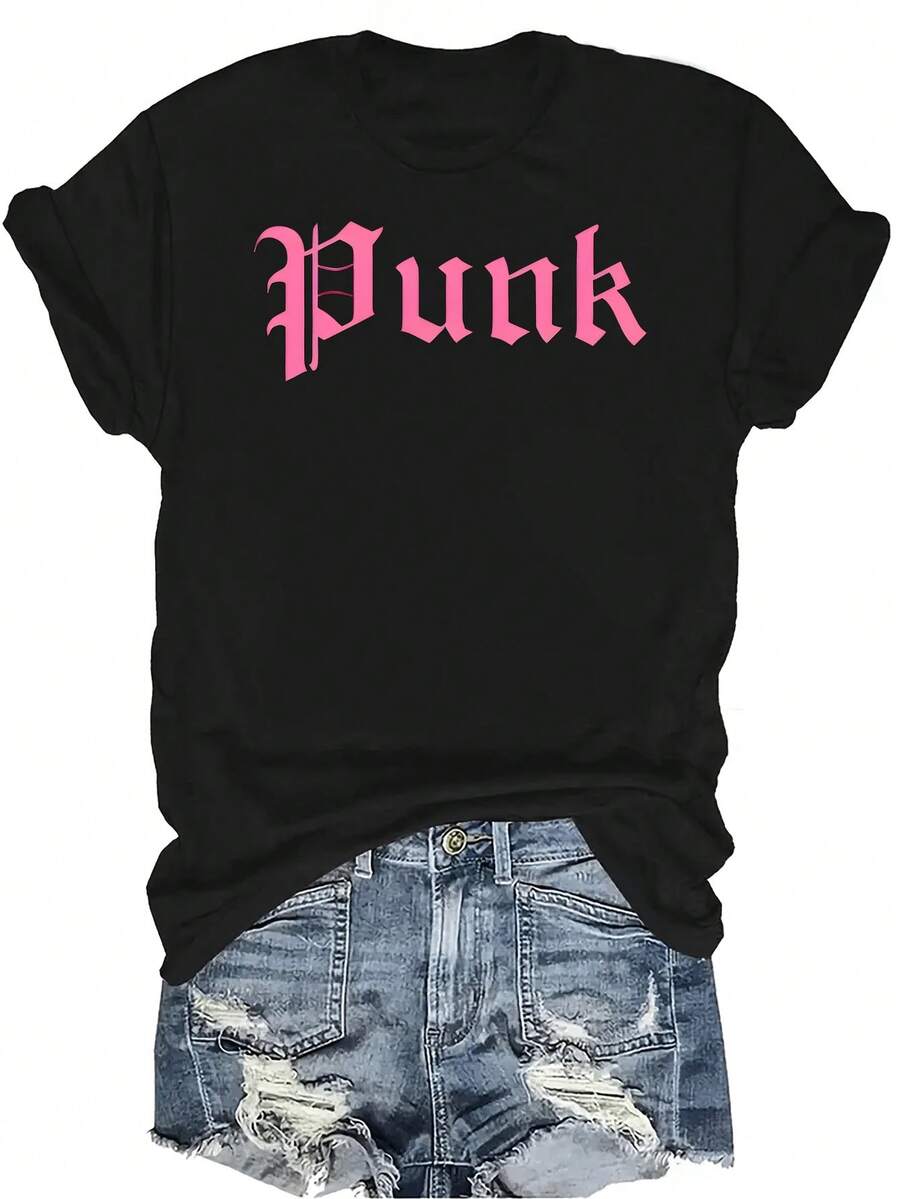 Camiseta de manga corta con cuello redondo, estampado gráfico punk gótico, de verano, transpirable y versátil, adecuada para adolescentes y adultos - Negro - Ver 1
