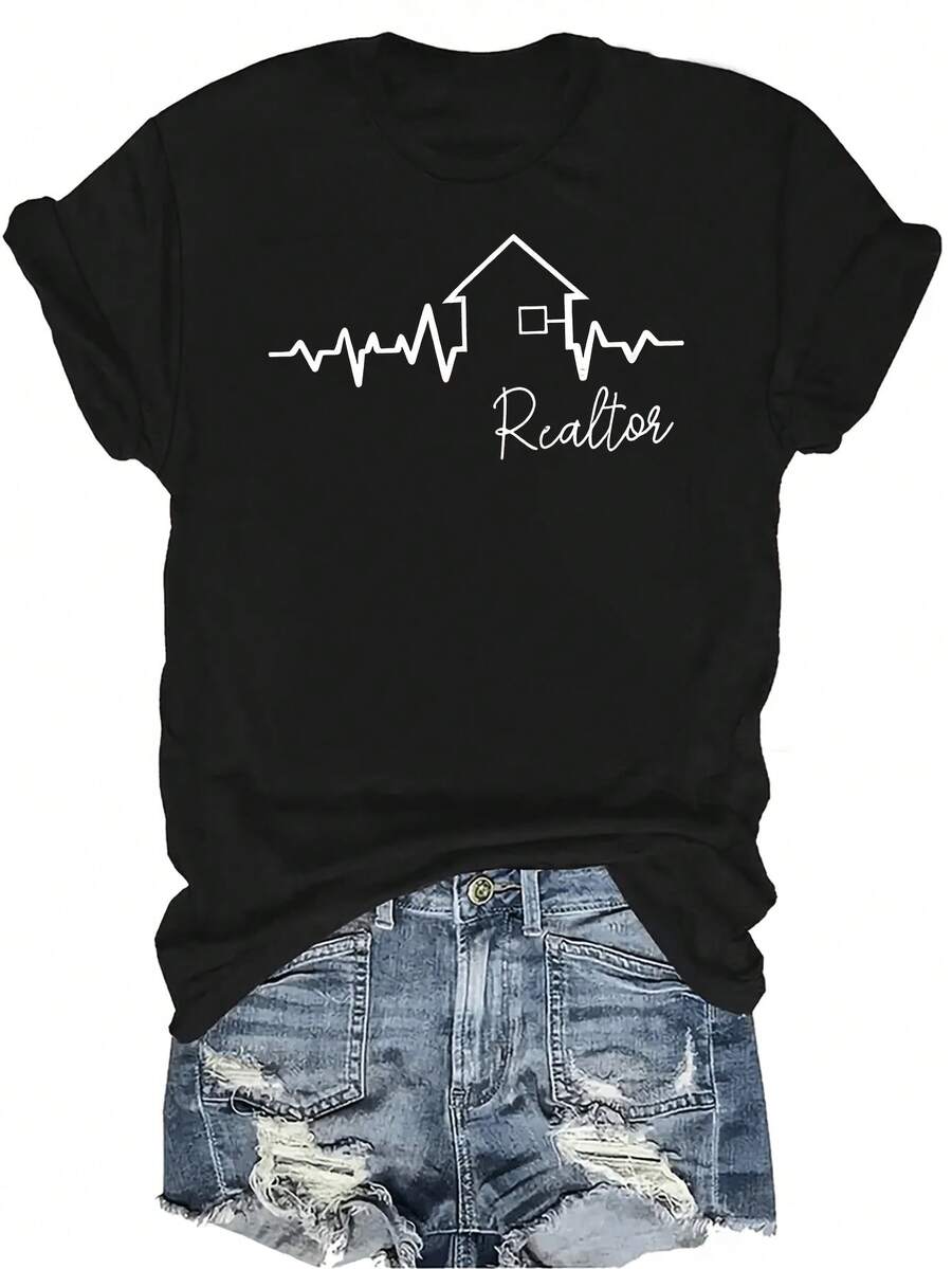 Camiseta gráfica de electrocardiograma de bienes raíces, para mujer y unisex, de verano, casual, transpirable, de personalidad, de cuello redondo, de manga corta, de uso versátil, adecuada para adolescentes y adultos - Negro - Ver 1