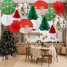 Conjunto de 14/15/6 peças - Conjunto de lanternas de papel para pendurar no Natal, com estampas natalinas em vermelho, verde e branco, lanternas em formato de pinheiro, lanternas em formato de chapéu de Papai Noel e pingentes de leque de papel. Ideais para decorar festas de Natal, jardins e casas. - Multicolorido - Ver 5