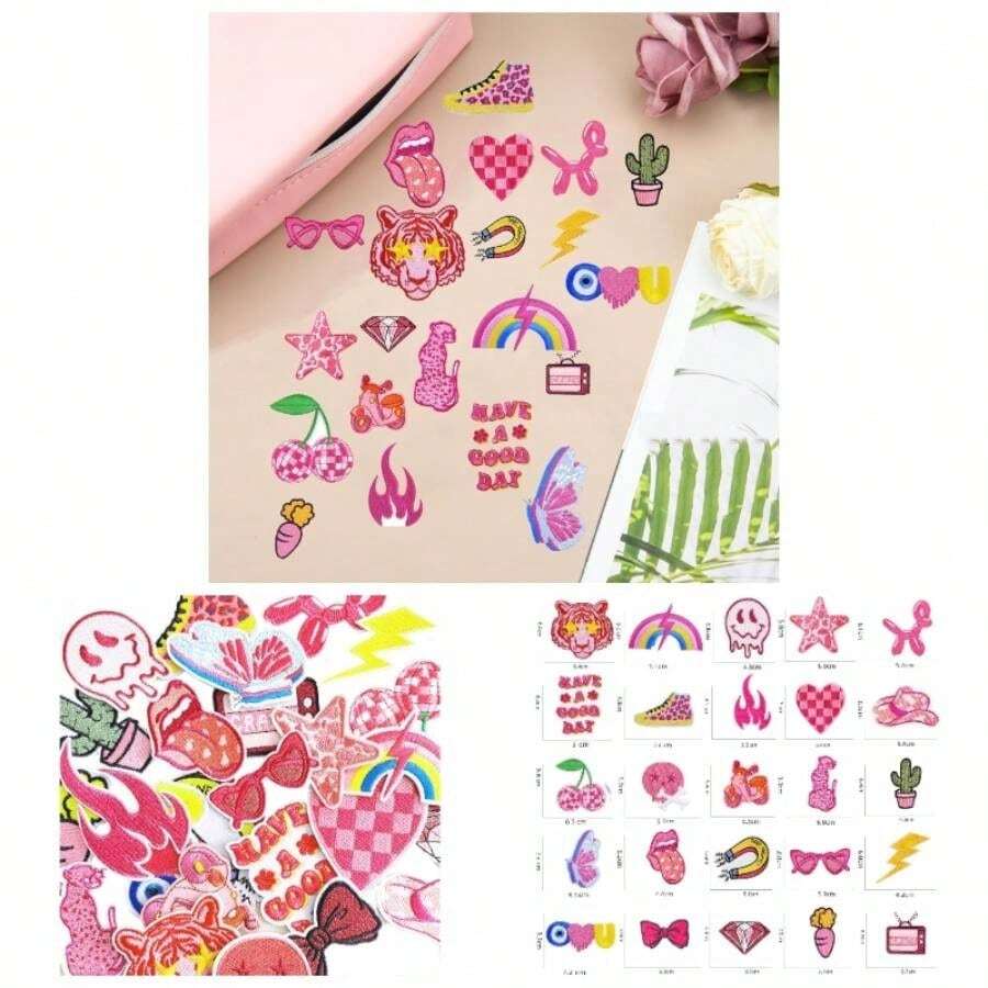 25PCS Preppy Iron On Patches Pink Fun Cute Western Cowgirl Sew Embroidered Patchs Clothes Jeans Jackets Backpack Dress Girls Aesthetic Repair Patch Style 1