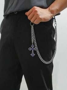1pc Vintage Elegant Minimalist Multi-Color Rhinestone & Faux Pearl Waist Chain, Men's Punk Hip-Hop Cross Body Chain, For Pants Decoration - Ancient Silver - View 3
