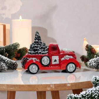 1 件圣诞节创意红色皮卡车圣诞老人雕像装饰，雪景设计，适合壁炉架/书架，复古风格搭配雪树元素，增添节日温暖，圣诞装饰