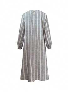 女士时尚简约条纹长袖连衣裙，适合所有季节 - 灰色 - 查看 5