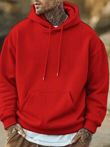 Men's Casual Street Hooded Sweatshirt, Solid Color With Fleece Lining, Loose Fit, Autumn/Winter