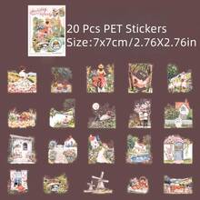 20 piezas Pegatinas de PET de la serie de estilo de vida festivo, pegatinas decorativas de PET, material básico creativo, pegatinas decorativas impermeables, ideales para manualidades de scrapbooking, suministros de diario, tabletas, teléfonos, fotos y artesanía, tarjetas (viaje, paseo por la ciudad, estancia en casa, campamento en el bosque, el mar, campos del campo)