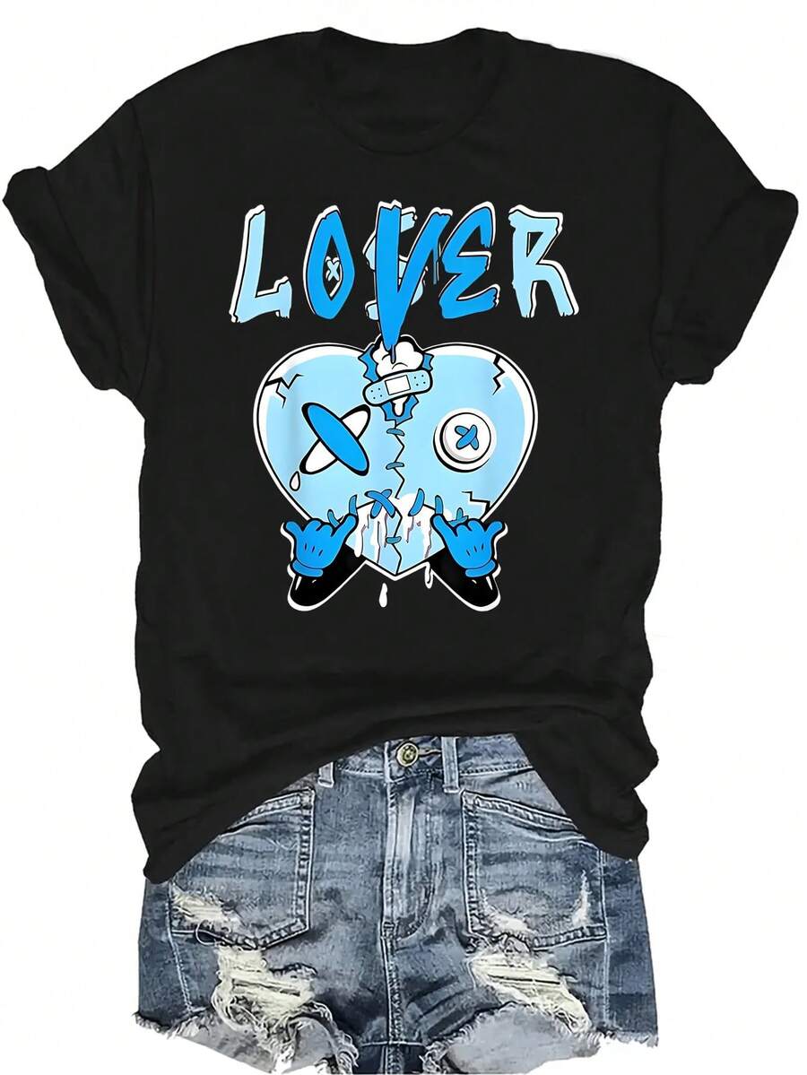 Camiseta de mujer de manga corta con cuello redondo, de estilo casual y transpirable, con estampado de gotas de amor en color azul claro, adecuada para adolescentes y adultos - Negro - Ver 1