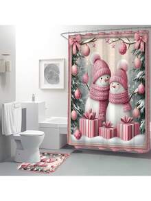 1pc/4pcs Christmas Theme, Pink Snowman Bathroom Set, Christmas Holiday Bathroom Decor, Bring Festive Atmosphere To Your Bathroom, Printed Shower Curtain With 12 Hooks, Bathroom Non-Slip Mat, U-Shaped Floor Mat And Round Toilet Lid Cover, Bathroom Set For All Scenarios