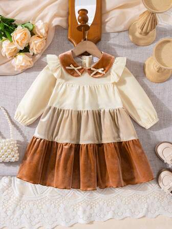 Baby Girl Loose Velvet Peter Pan Collar Long Sleeve Dress, Elegant Contrast Color Bow Patchwork Autumn Dress