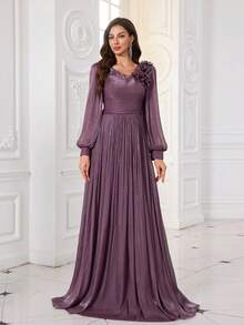 Elisanya UNITHORSE 女士 V 领灯笼袖纯色领口 3D 花朵装饰长款晚礼服伴娘礼服毕业礼服晚宴礼服 - 紫色 - 查看 3