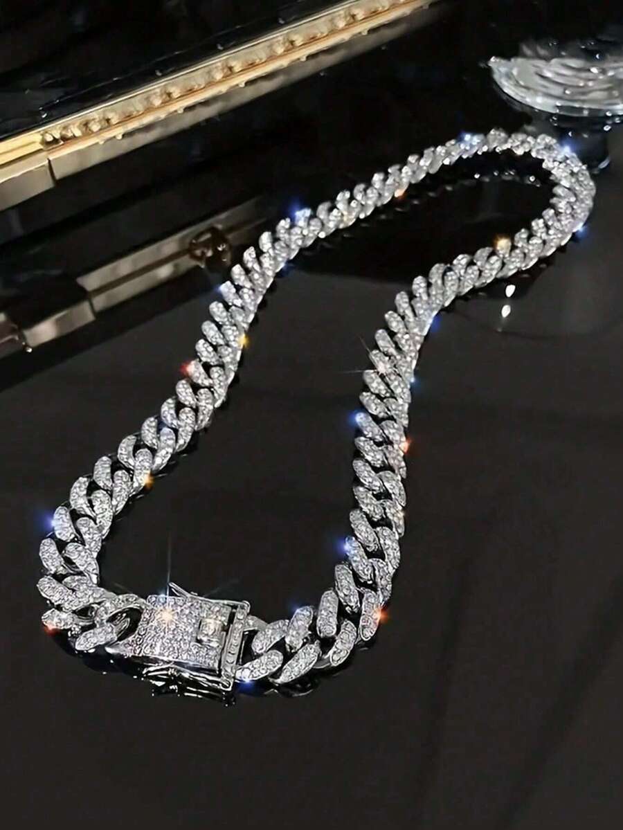 1 件钻石形全水钻时尚闪亮链项链，男女通用嘻哈百搭夏季手链项链，日常佩戴珠宝 - 鏈條 - 查看 1