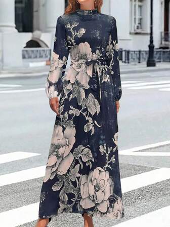 Vestido largo de moda musulmana para mujer con estampado, correa en la cintura y cuello redondo, vestido de estilo de Oriente Medio