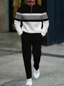 New Men's 2-Piece Simple And Versatile Casual Set For 2025, Featuring A Personalized Geometric Color Blocked Men's Half Zipper Top And Men's Solid Color Casual Loose Straight Leg Pants, Suitable For Daily Commuting - Nhiều màu - Xem 2