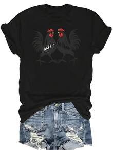 Camiseta con estampado gráfico de animales para mujer y unisex, de verano, casual, transpirable y de personalidad, con cuello redondo y manga corta, para uso versátil, adecuada para adolescentes y adultos - Negro - Ver 1