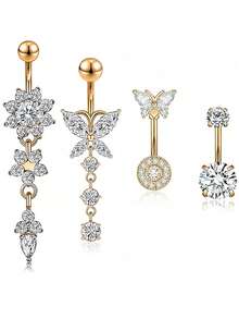 4pcs 14G Stainless Steel Fashionable Navel Rings, Suitable For Daily Wear, Festivals, Beach Vacation