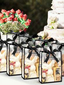 1pc/5pcs/10pcs Transparent Plastic Gift Bags, Bridesmaid Welcome Gift Bags, Thank You Gift Bags, Christmas Thanksgiving Party Wedding Bride Favor Bags (Black/Pink/White), Waterproof Gift Bags, With Ribbons, Bridesmaid Ladies Gift Bags - Multicolor - View 5