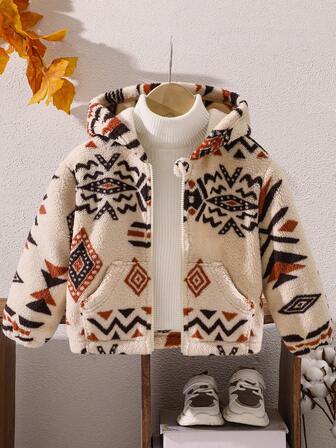 Young Boys Fleece Printed Jacket, Hooded Casual Zip-Up Warm Outerwear, Autumn/Winter