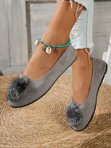 1 Paio di Scarpe Piatte Retrò Alla Francese in Pelliccia Sintetica per Donna, con Punta Tonda, Slip-On, Comode e Versatili, Adatte per Primavera e Autunno - Grigio - Visualizzare 2