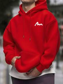 男士印花保暖连帽衫，街头风，秋冬季长袖上衣 - 紅色 - 查看 4