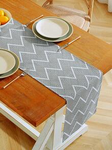 1pc Gray Geometric Wave Pattern Table Runner, Bohemian Minimalist Style, Machine Washable, Suitable For Sideboard, Shoe Cabinet, Cabinet Cover, Kitchen, Dining Room, Dining Gathering, Picnic, BBQ, Camping, Outdoor, Holiday, Party Decor, Home Decor, All Seasons, Autumn Decor