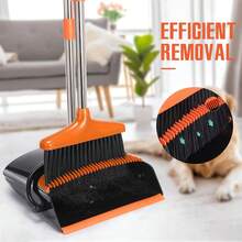 Broom And Dustpan Set With Long Handle And 6 Bonus Cleaning Tools, Upright Standing Combo With Self-Cleaning Teeth & Windproof Dustpan For Pet Hair, Home, Kitchen, Garage, Apartment - 黑黑橙色 - 查看 1