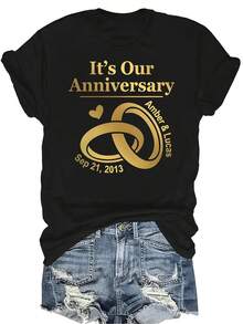 Camiseta "ES NUESTRO ANIVERSARIO" para mujer y unisex, de verano, casual, transpirable, con personalidad, cuello redondo, manga corta, ropa de calle, versátil, adecuada para adolescentes y adultos - Negro - Ver 1