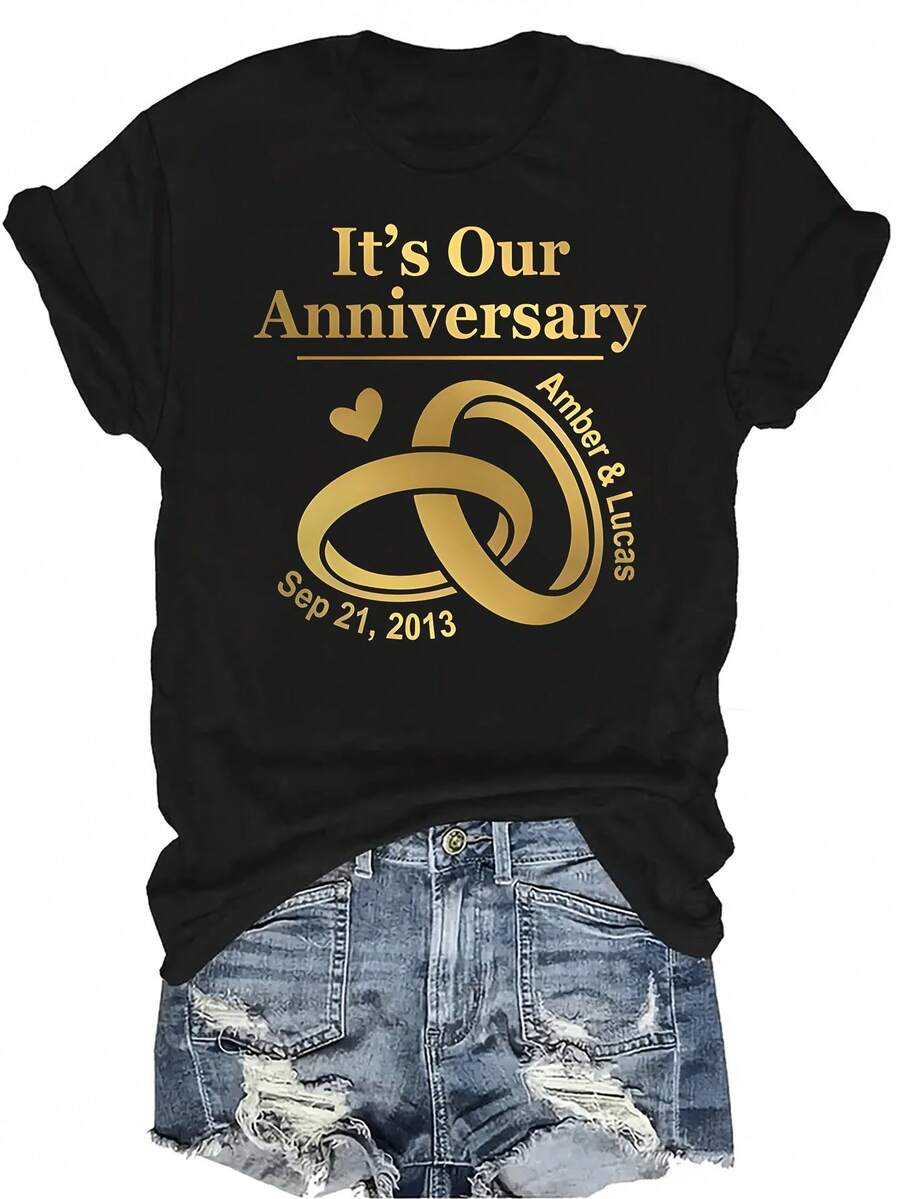 Camiseta "ES NUESTRO ANIVERSARIO" para mujer y unisex, de verano, casual, transpirable, con personalidad, cuello redondo, manga corta, ropa de calle, versátil, adecuada para adolescentes y adultos - Negro - Ver 1