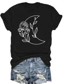 Camiseta con estampado de luna y rosa para mujer y unisex, de verano, casual, transpirable, de cuello redondo, de manga corta, de uso versátil, adecuada para adolescentes y adultos - Negro - Ver 1