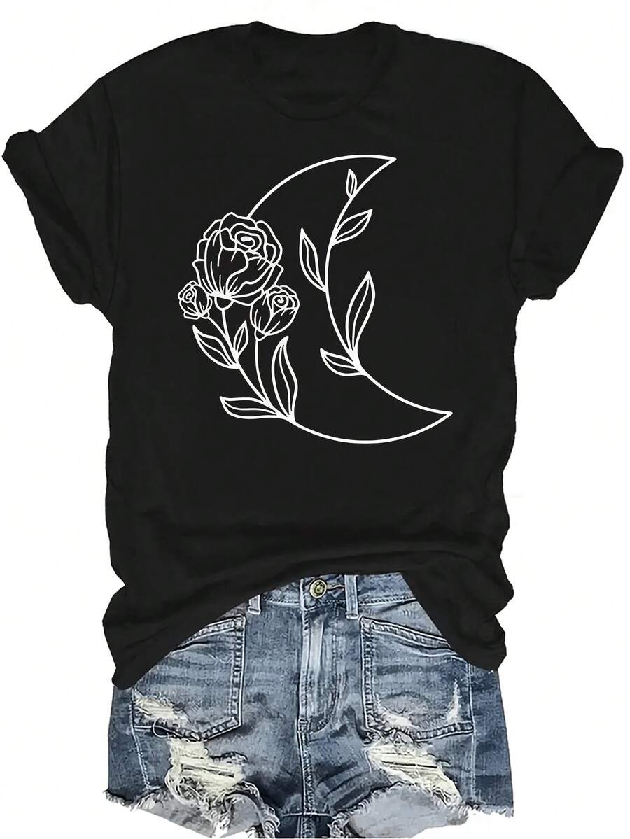 Camiseta con estampado de luna y rosa para mujer y unisex, de verano, casual, transpirable, de cuello redondo, de manga corta, de uso versátil, adecuada para adolescentes y adultos - Negro - Ver 1