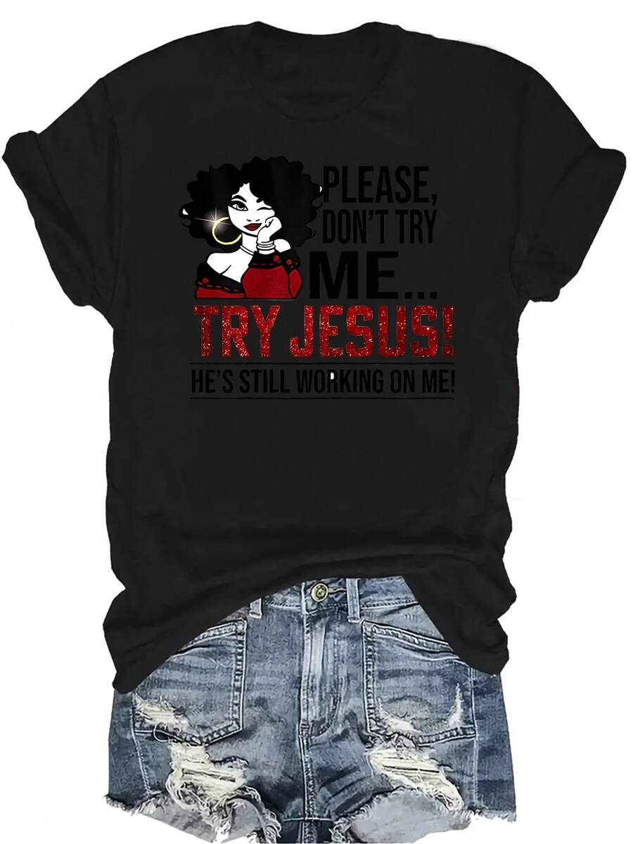 Camiseta con estampado de Jesús para mujer y unisex, de verano, casual, transpirable, de cuello redondo, de manga corta, de uso versátil, adecuada para adolescentes y adultos - Negro - Ver 1