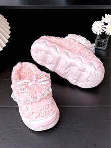 Stay Toasty In Style: Women's Pink Thick Plush Bow Slippers, Versatile For Home & Light Outdoor Use