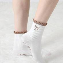 Non Slip Pilates Socks For Women - Cute Ruffle Yoga Socks With Grip, Embroidery Pattern - 棕色 - 查看 3