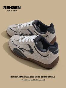 RENBEN 1 par de zapatillas retro de mujer en color gris, con cordones delanteros y bloques de color, nuevas zapatillas de plataforma versátiles y de moda de nicho para primavera/otoño 2025