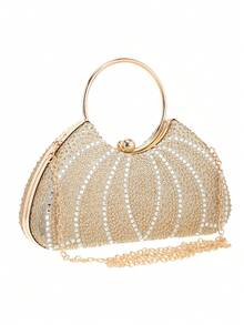 Women's Fashion Round Handle Rhinestone Decorated Evening Bag Tote Party Handbag