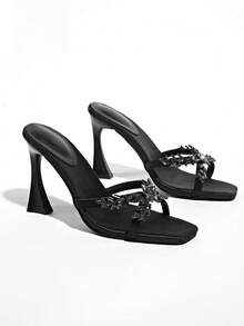 2025 New High Heel Satin Mule Sandals With Crystal Embellishments, Sexy Open Toe Slip On Shoes For Women, Summer - Black - View 9