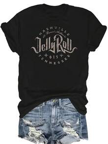 Camiseta de hombre estampada tipo jellyroll, camiseta de verano casual, transpirable y de personalidad, de cuello redondo y manga corta, ropa de calle versátil, adecuada para adolescentes y adultos - Negro - Ver 1