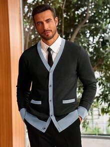 Men's Long Sleeve Button Down Knitted Cardigan Sweater With Pockets, Casual Style - 黑色 - 查看 2